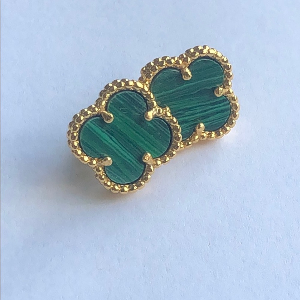 Green Malachite Clover Earrings Stud Yellow Gold